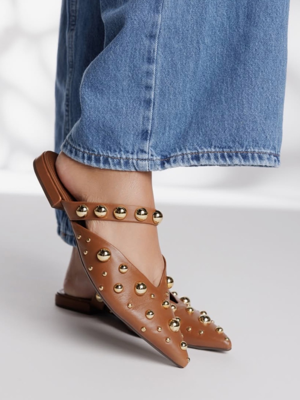 Stud-Embellished Caramel Leather Pointed Mules